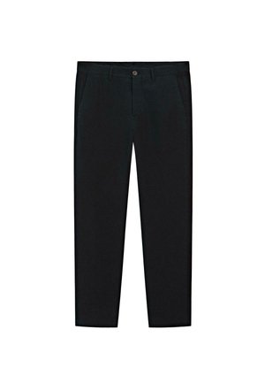 Zwarte broek met een rechte snit, gladde stoftextuur, zijzakken en één enkele knoop aan de voorkant. Eenvoudig, klassiek ontwerp zonder patronen.