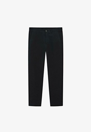 Svarta byxor med rak passform, slät tygkänsla, sidofickor och en enda framknapp. Enkel, klassisk design utan mönster.