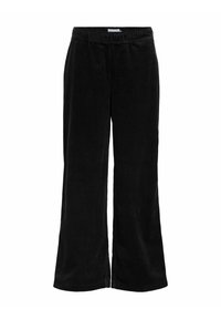 Pantaloni larghi in corduroy nero con cintura elastica, caratterizzati da una morbida texture e un motivo a righe verticali su tutta la superficie.