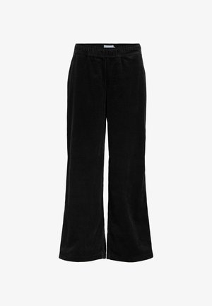 Pantalons en velours côtelé noir à jambes larges avec une taille élastique, offrant une texture douce et un motif côtelé vertical sur toute la surface.
