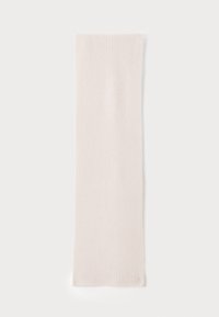Light pink ribbed fashion scarf made of soft fabric. Long and narrow shape, featuring subtle texture and a small logo accent.