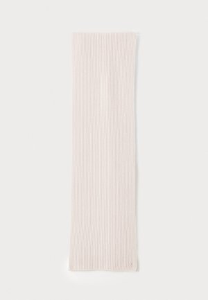 Light pink ribbed fashion scarf made of soft fabric. Long and narrow shape, featuring subtle texture and a small logo accent.
