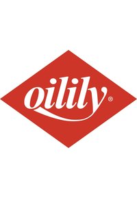 Rode diamanten logo met het woord "oilily" in witte cursieve lettertype met een gebogen onderstreping, merkregistratie symbool in de rechteronderhoek.