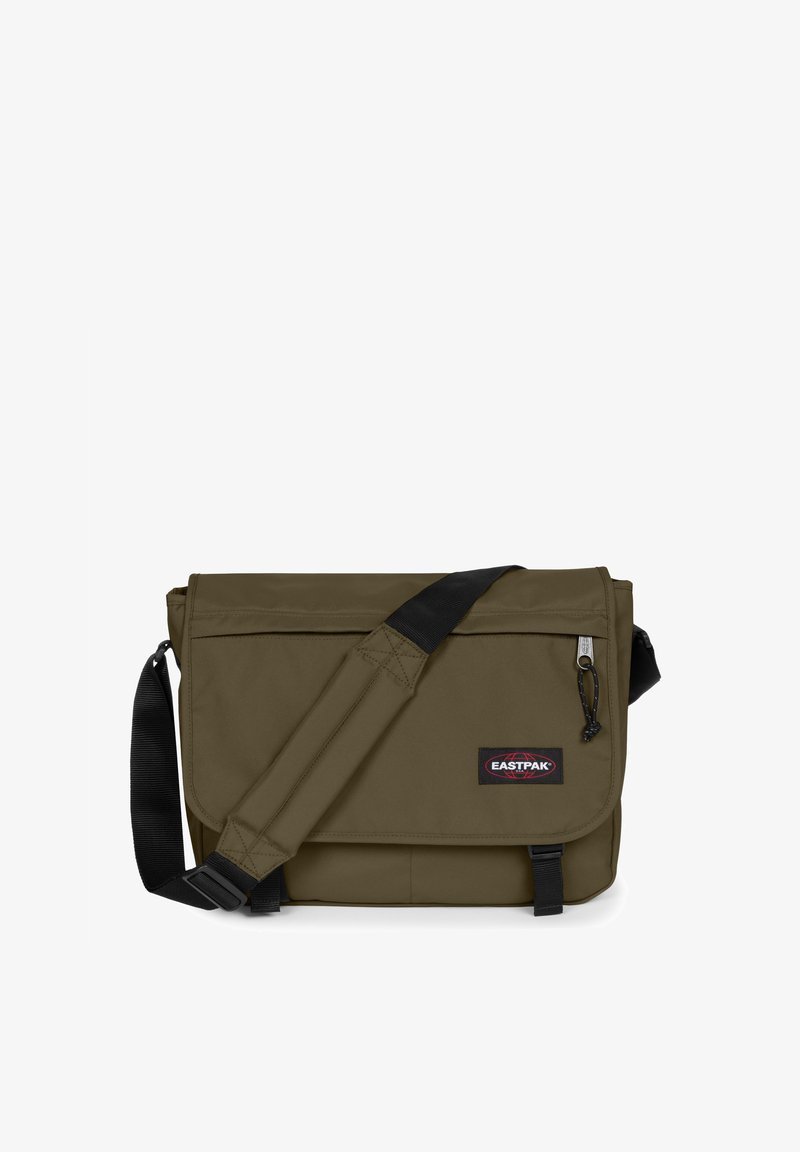 Olive green messenger bag made of durable fabric, featuring a flap closure, adjustable black shoulder strap, and front zip pocket.
