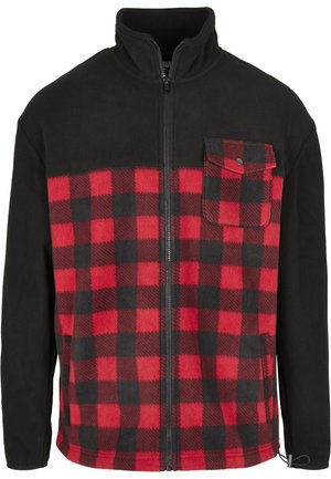Mustikkapuna-ruudullinen fleece-takki, jossa on vetoketju, korkea kaulus ja vasemmalla rintatasku. Ominaisuuksiin kuuluvat pitkät hihat ja pehmeä kangas.