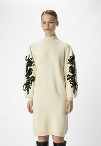 Robe crème longueur genou avec des motifs floraux brodés en noir sur des manches ballons, col haut et poignets côtelés. Texture lisse, coupe décontractée.