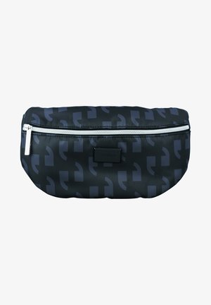 Black fabric bag with a glossy surface, featuring a geometric pattern in dark gray. It has a silver zipper and a black brand tag on the front.
