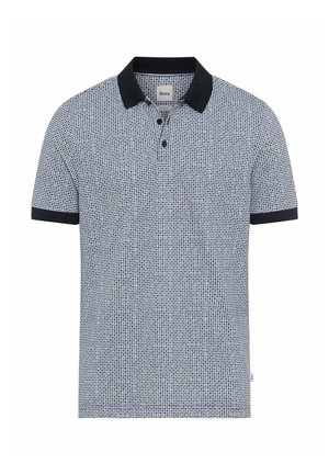 Polo met korte mouwen met een zwarte boord aan de kraag en manchetten, met een klein blauw-zwart geometrisch patroon.
