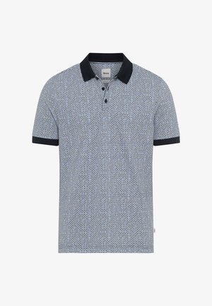 Kortærmet polo med sort krave og manchetter, prydet med et lille blåt og sort geometrisk mønster.