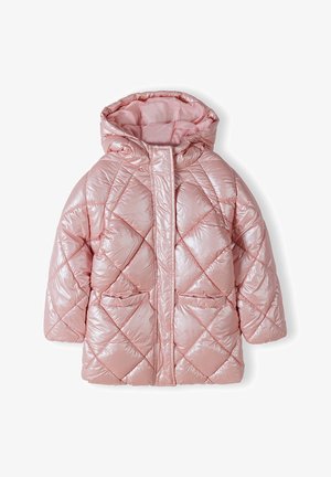 Giacca imbottita rosa lucida trapuntata con cappuccio, tasche frontali e cerniera coperta da una patta con chiusura.