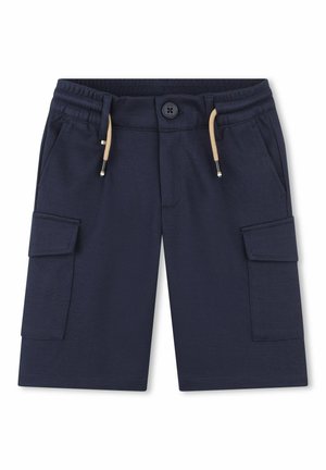 Pantaloni cargo blu navy realizzati in tessuto morbido, caratterizzati da una vita elastica, chiusura con bottone e numerose tasche con dettagli a patta.