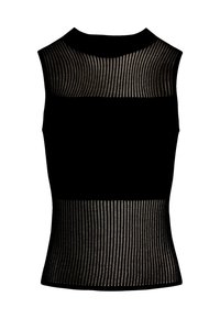 Top sans manches noir avec un design en maille texturée et transparente sur le haut du dos, une silhouette ajustée et un tissu côtelé sur la partie inférieure.