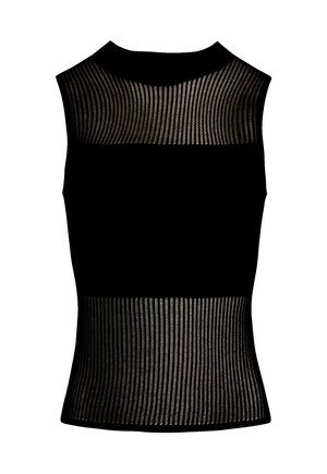 Top negro sin mangas con un diseño de malla texturizada y transparente en la parte superior de la espalda, con una silueta ajustada y tejido acanalado en la parte inferior.