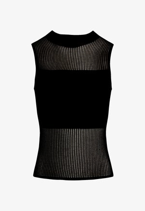 Top senza maniche nero con un design in mesh trasparente e testurizzato sulla parte superiore della schiena, con una silhouette aderente e tessuto a coste nella parte inferiore.