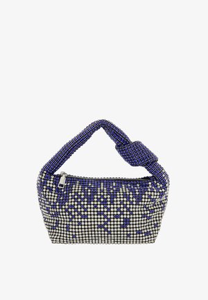 Gyöngyöm táska, csomózott fogantyúval, kék és ezüst gyöngyökből álló rácsos mintával, cipzáros záródással és texturált felülettel.