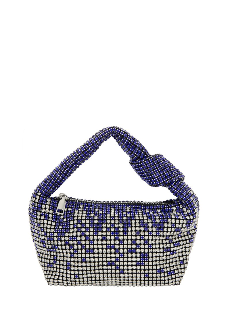 Perlenhandtasche mit einem Knotengriff, bestehend aus blauen und silbernen Juwelen in einem Rautenmuster, mit Reißverschluss und strukturiertem Finish.