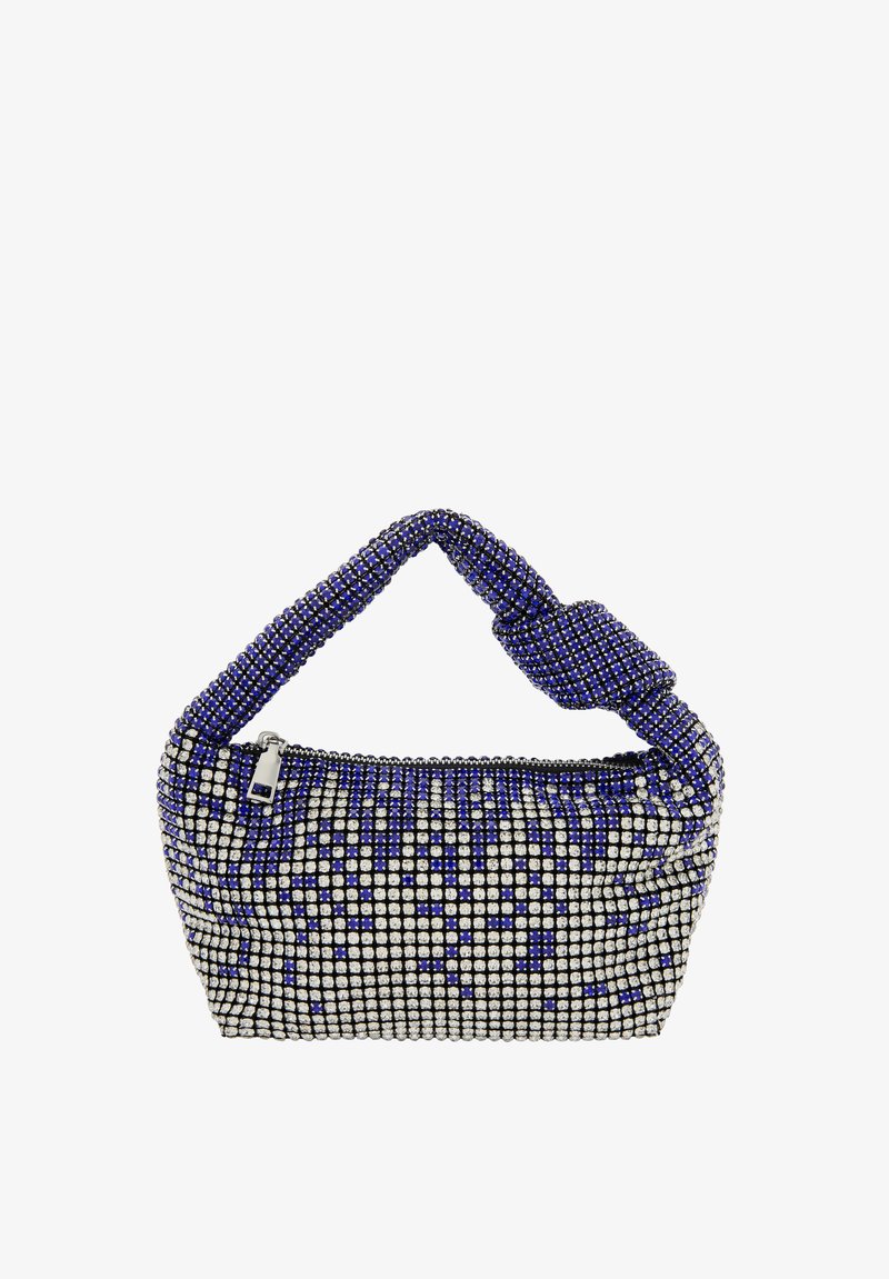 Perlenhandtasche mit einem Knotengriff, bestehend aus blauen und silbernen Juwelen in einem Rautenmuster, mit Reißverschluss und strukturiertem Finish.