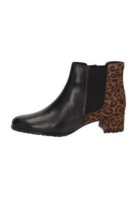 Schwarze Leder-Stiefelette mit spitzem Zehenbereich, elastischem seitlichem Einsatz und einem Leopardenmuster auf der Rückseite; strukturierter Absatz von ca. 6,5 cm.
