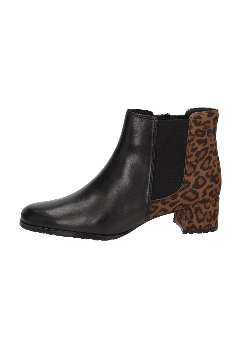 Schwarze Leder-Stiefelette mit spitzem Zehenbereich, elastischem seitlichem Einsatz und einem Leopardenmuster auf der Rückseite; strukturierter Absatz von ca. 6,5 cm.