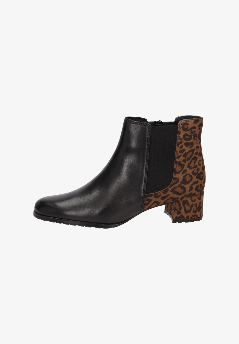Schwarze Leder-Stiefelette mit spitzem Zehenbereich, elastischem seitlichem Einsatz und einem Leopardenmuster auf der Rückseite; strukturierter Absatz von ca. 6,5 cm.
