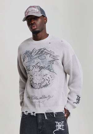 Ed Hardy MENS DISTRESSED LOS ANGELES KNITTED RELAXED CREW JUMPER - Trui - grey