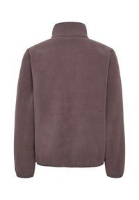 Brun fleecetrøje med lange ærmer, elastiske manchetter og høj krave, vist bagfra på hvid baggrund.