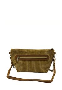 Sac à épaule en côtes de velours de couleur tan avec une poche zippée en cuir marron, une chaîne et une sangle en cuir, et des rayures verticales texturées.