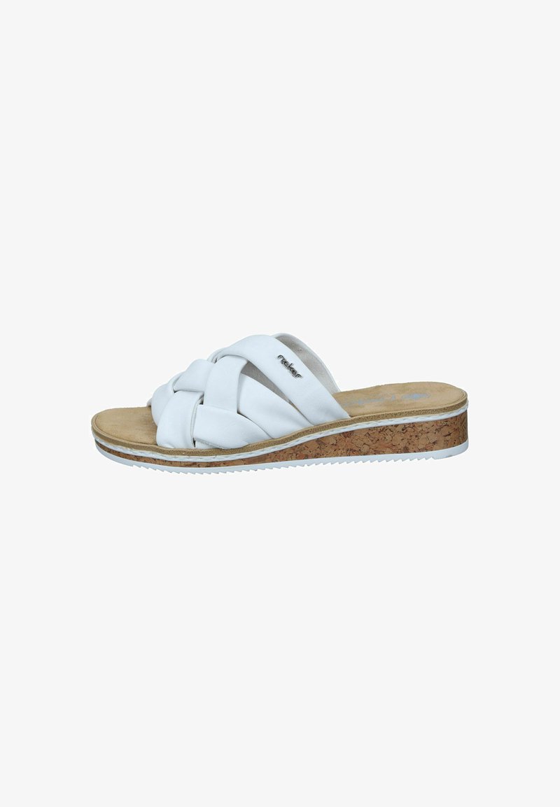 White slide sandals with woven upper design, cork midsole for cushioning, and a textured rubber outsole for traction.