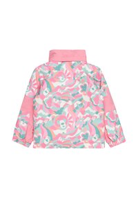 Bunte Kinderjacke in Pink mit einem lebhaften Bären- und Blumenmuster. Hergestellt aus leichtem, glattem Stoff mit elastischen Bündchen.