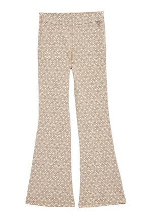 Pantaloni bej evazați cu un model floral alb, bandă elastică la talie și o textură de țesătură netedă. Designul prezintă o deschidere largă a piciorului.