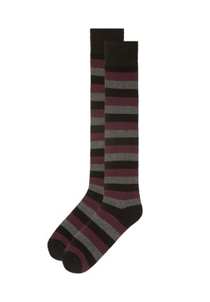 Knee-high socks featuring horizontal stripes in burgundy, gray, and black. Made of a soft fabric with a smooth texture and reinforced toes.