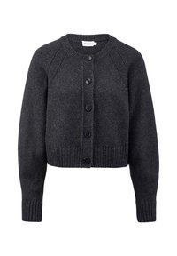 Dunkelgrauer Strickcardigan mit Rundhalsausschnitt, gerippten Bündchen und Saum, ausgestattet mit fünf vorderen Knöpfen zum Schließen. Keine auffälligen Muster.