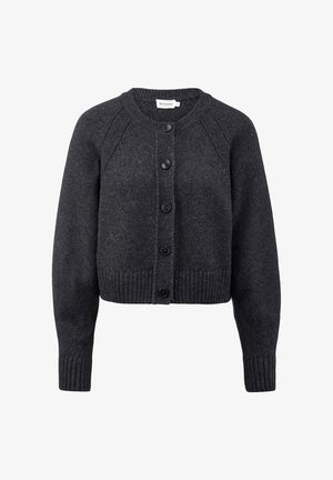 Dunkelgrauer Strickcardigan mit Rundhalsausschnitt, gerippten Bündchen und Saum, ausgestattet mit fünf vorderen Knöpfen zum Schließen. Keine auffälligen Muster.