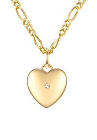 Collana in oro con un pendente a forma di cuore lucido che presenta una piccola pietra trasparente incastonata al centro.