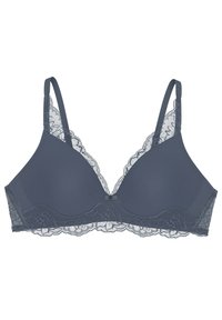 Szara braletka z koronkowym wykończeniem, regulowanymi ramiączkami, głębokim dekoltem i centralną kokardą na pasku pod biustem. Miękka faktura materiału.