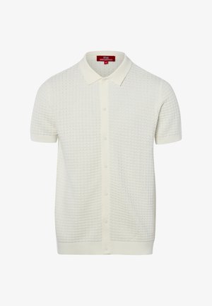 Weißes Strick-Poloshirt mit kurzen Ärmeln, Knopfleiste vorne und strukturiertem Waffelmuster im Stoff.