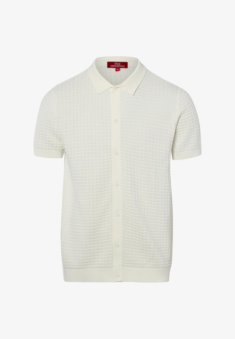 Weißes Strick-Poloshirt mit kurzen Ärmeln, Knopfleiste vorne und strukturiertem Waffelmuster im Stoff.