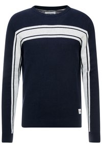 Marineblauer Pullover aus weichem Material, mit einem weißen Streifenmuster über der Brust, Rundhalsausschnitt und geripptem Saum sowie Bündchen.