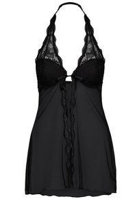 Chemise noire avec des détails en dentelle au niveau du buste et du cou halter. Un tissu doux et transparent s'écoule d'un lien central, créant un effet de superposition.