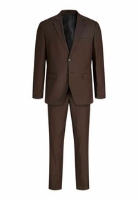 Brauner Anzug aus glattem Stoff, bestehend aus einem einreihigen Jacket mit Revers und Hose mit flachem Bund, beiden tailliert für eine passgenaue Optik.