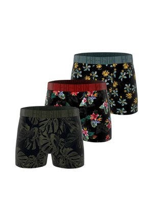 Trois paires de boxers avec des motifs floraux et de feuilles contrastants. Les couleurs incluent le noir, le vert et le rouge, avec des ceintures élastiques arborant du texte.