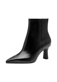 Mustat nahka nilkkasukat, joissa on terävä kärki, keskikorkea lohkoalue, sileä pinta ja sivuvetoketju.