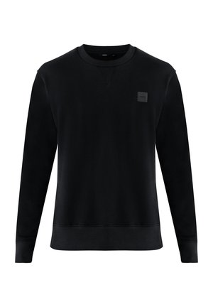 Sudadera negra de manga larga, con puños y dobladillo acanalados. Presenta un logo cuadrado bordado en la parte delantera. Textura de tela suave.