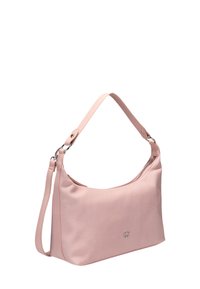 Borsa a spalla rosa con tessuto testurizzato, dotata di chiusura con zip, tracolla staccabile e dettagli metallici argentati.