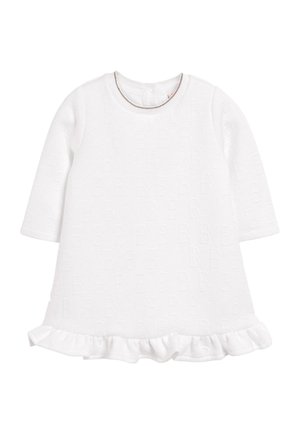 Weißes Baby-Kleid mit langen Ärmeln, dezent strukturiertem Muster, rundem Ausschnitt mit silbernem Rand und gerafftem Saum unten.
