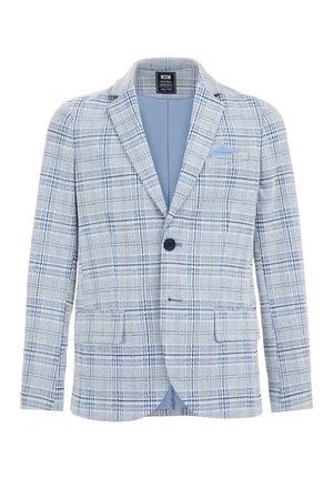Hellblauer Karoblazer mit Reverskragen, einreihigem Knopfverschluss, zwei Vordertaschen und gemusterter Textur.