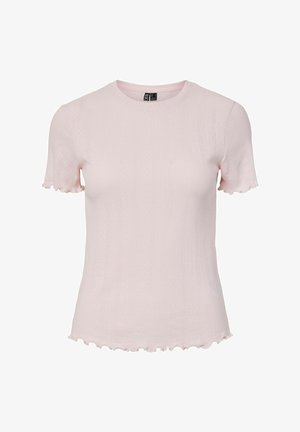 Top corto a maniche corte di colore rosa chiaro con una texture a coste, scollatura rotonda e bordi ondulati sulle maniche e sull'orlo.