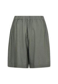 Olivově zelené pohodlné šortky s elastickým pasem a bočními kapsami, vyrobené z lehkého materiálu.