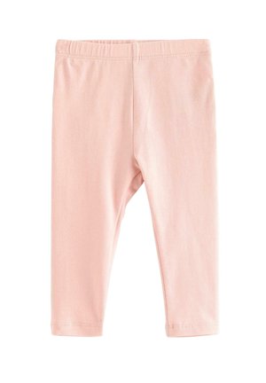 Bløde lyserøde babylegging med elastisk talje, ankellange, lavet af glat stof, vist fladt på en hvid baggrund.