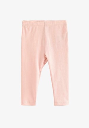 Bløde lyserøde babylegging med elastisk talje, ankellange, lavet af glat stof, vist fladt på en hvid baggrund.